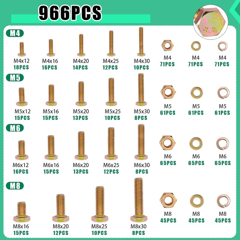 Twidec /966PCS Metric Bolt Assortment,Grade 8.8 Hex Head Bolts and Nuts Assortment Kit, M4/M5/M6/M8(12-30mm)Heavy Duty Nuts and Bolts Kit, Flat & Spring Lock Washer Gold Zinc Plating With Storage Case - Image 4